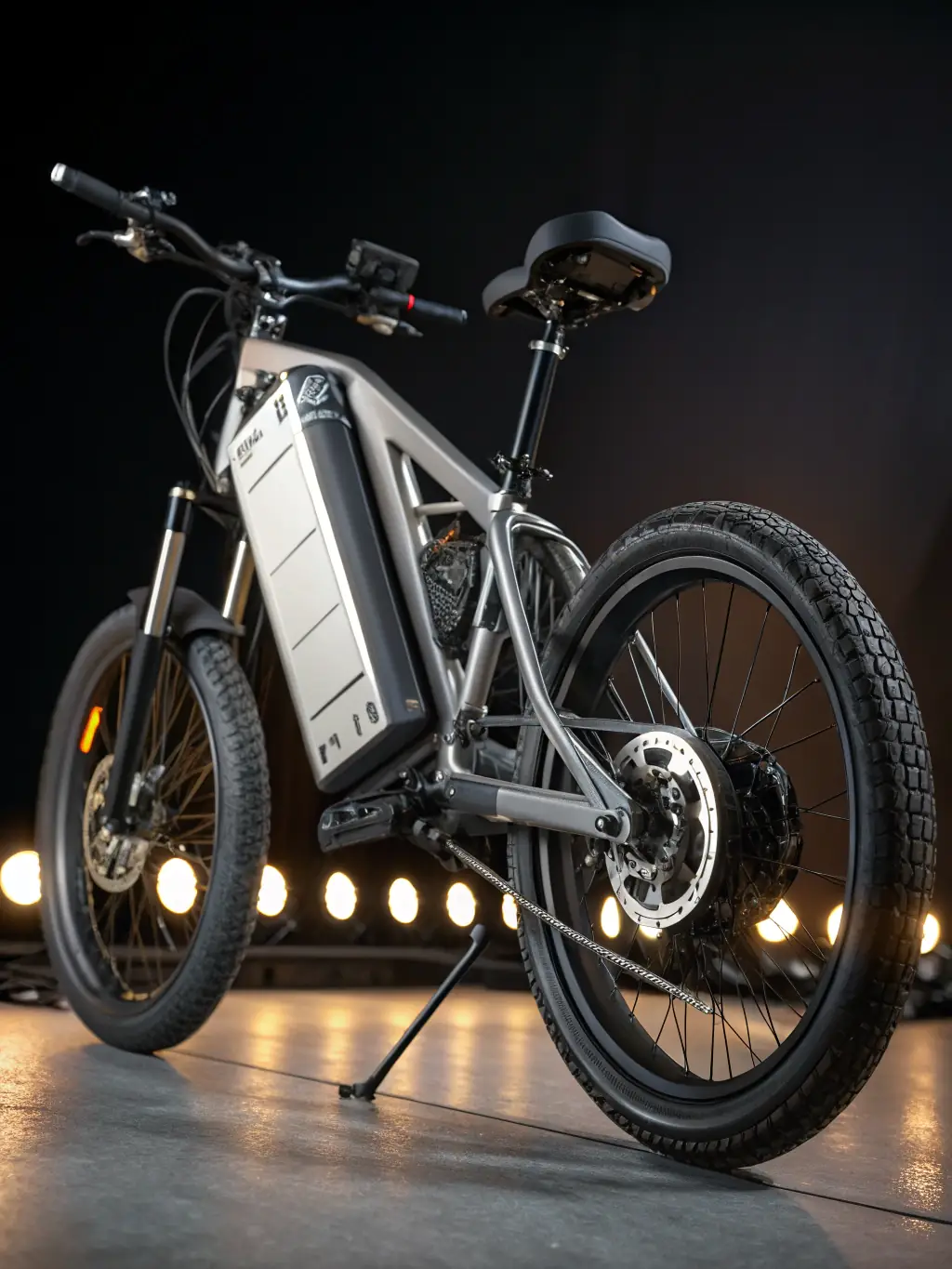 A close-up shot of an e-bike's motor and battery, emphasizing its eco-friendly technology. The background is blurred, focusing on the clean energy aspect.