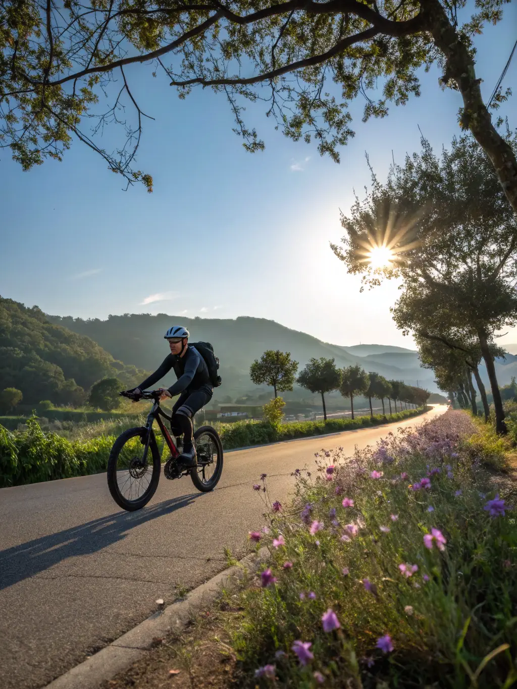 A scenic coastal road in Kihei, Maui, with a person riding an e-bike and enjoying the ocean view. The sun is shining, and the rider is smiling, conveying a sense of freedom and enjoyment.