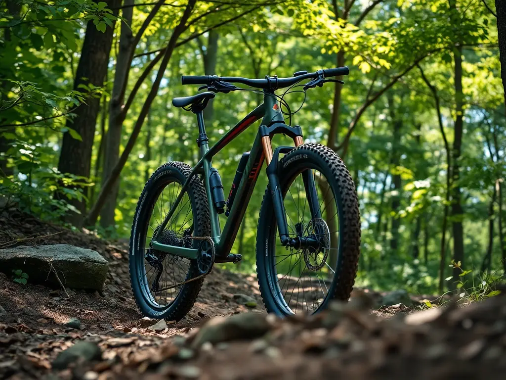 A rugged, mountain-style e-bike with front suspension, pictured on a dirt path with lush greenery in the background, conveying durability and off-road capability.