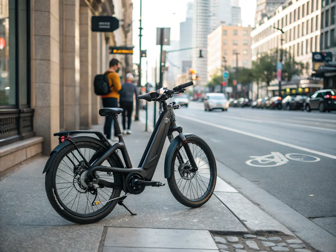 A sporty, hybrid e-bike with a lightweight frame and responsive handling, shown on a paved road with shops and cafes in the background, indicating versatility and urban appeal.