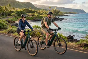 E-bike riders on the Wailea coast path, Maui